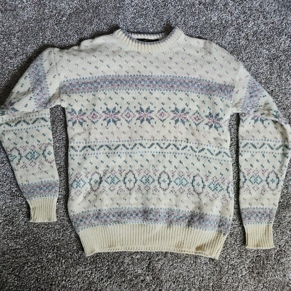Vintage Eddie Bauer Womens Size Medium Cream/Blue/Pink Pattern Sweater - Picture 1 of 7